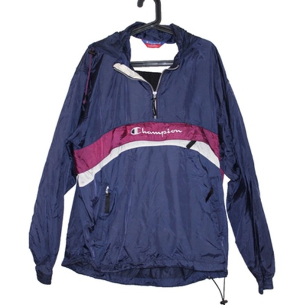 Champion Windbreaker Pullover Mens L Blue Purple White Vintage 90s Color Block